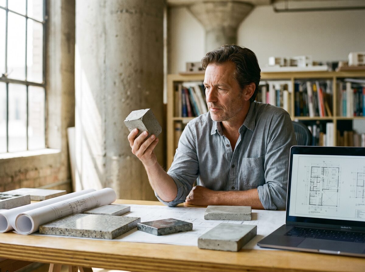 Architekt am Schreibtisch mit Sichtbeton-Materialmustern und Plänen — Konzept- und Materialberatung