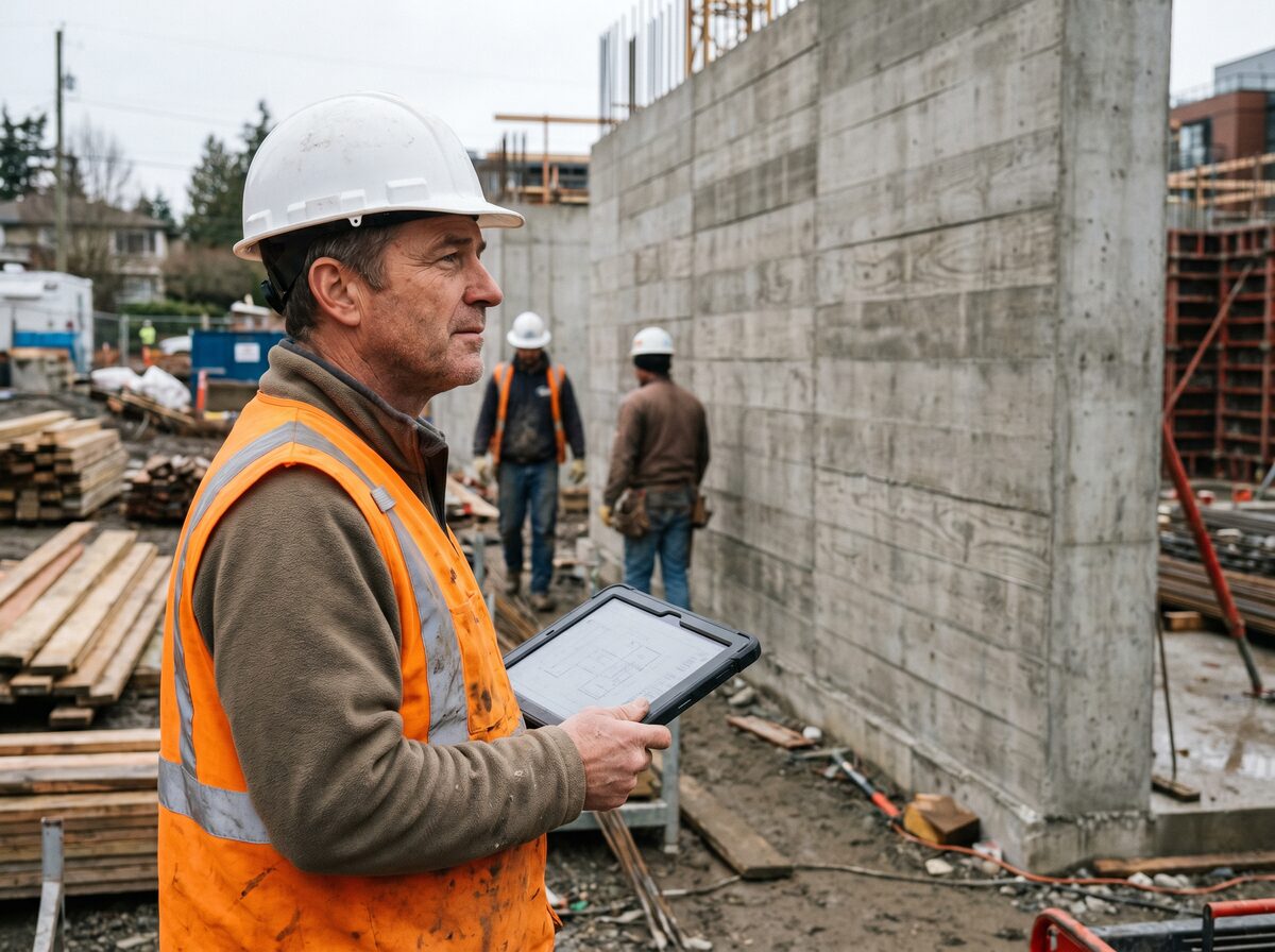 Bauleiter mit Helm und Tablet auf der Baustelle vor frisch geschalter Sichtbeton-Wand