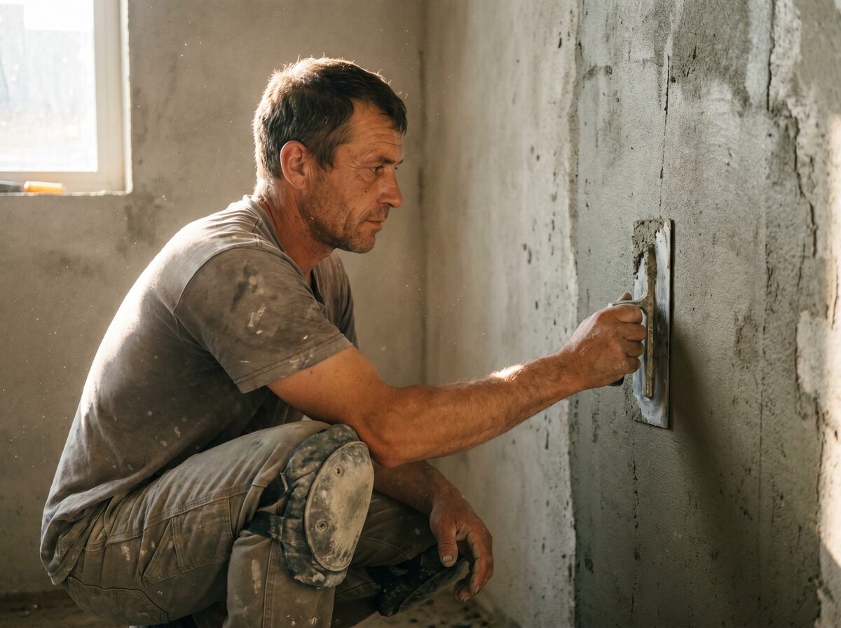 Handwerker beim Aufziehen einer Spachtelmasse auf eine Sichtbeton-Wand — neue Dienstleistung ins Angebot