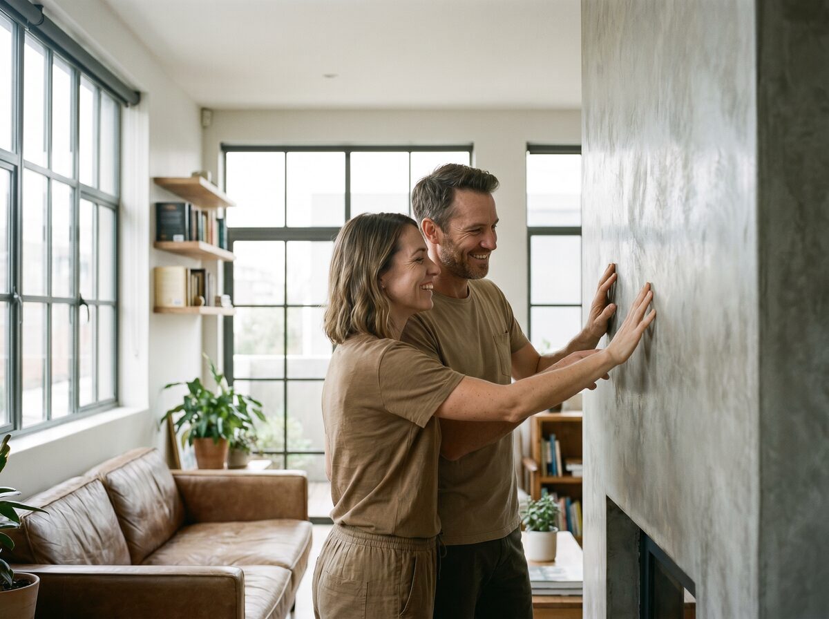 Paar im Wohnzimmer mit Sichtbeton-Wand — privates Wandprojekt mit Beratungsbedarf