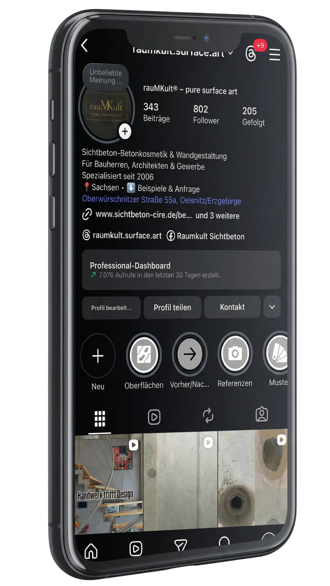Älterer Screenshot des rauMKult-Instagram-Profils mit Beispielen aus Sichtbeton-Projekten