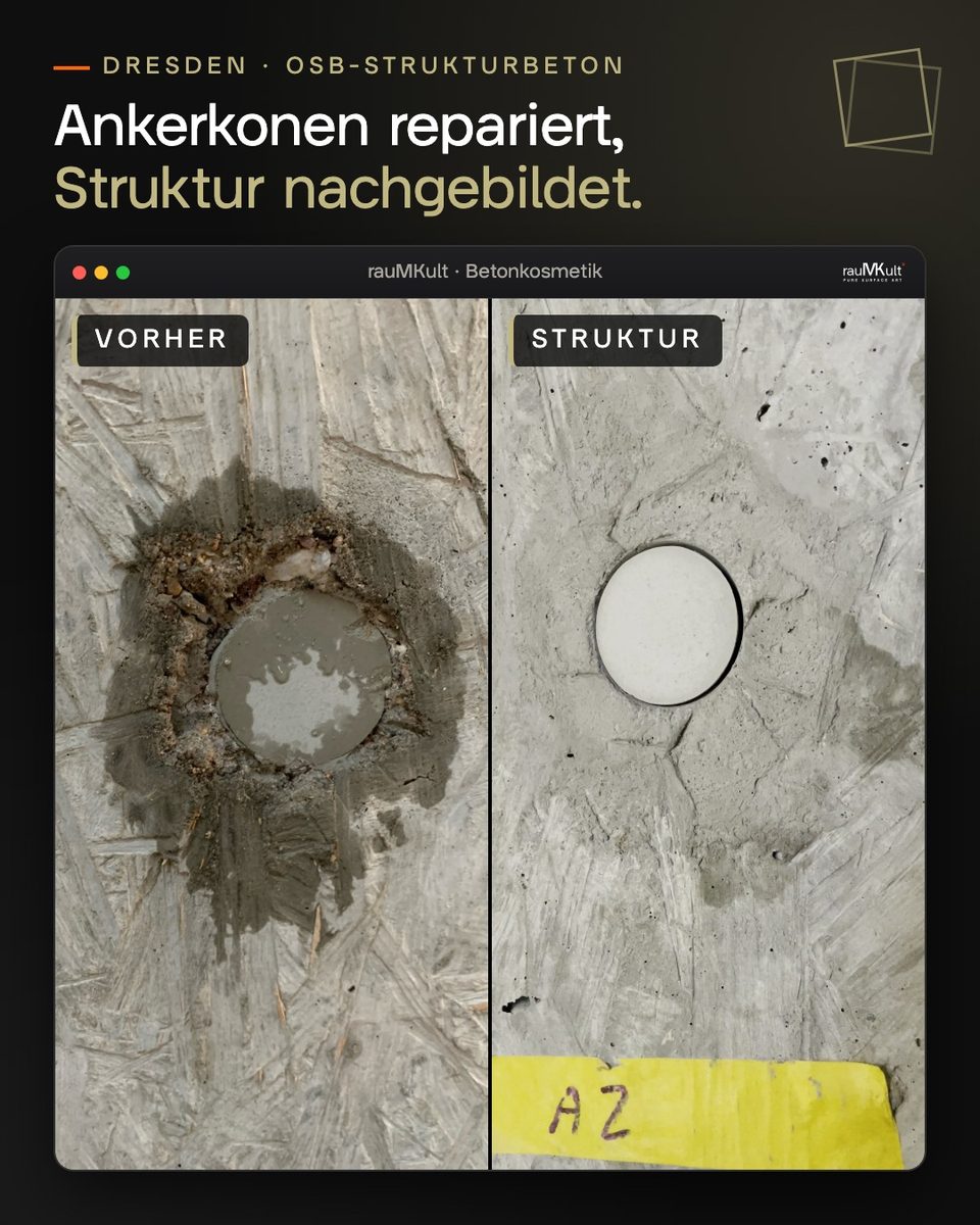 Ankerkonus in OSB-Strukturbeton, links mit ausgebrochenem Bereich, rechts mit nachgebildeter Struktur rundherum