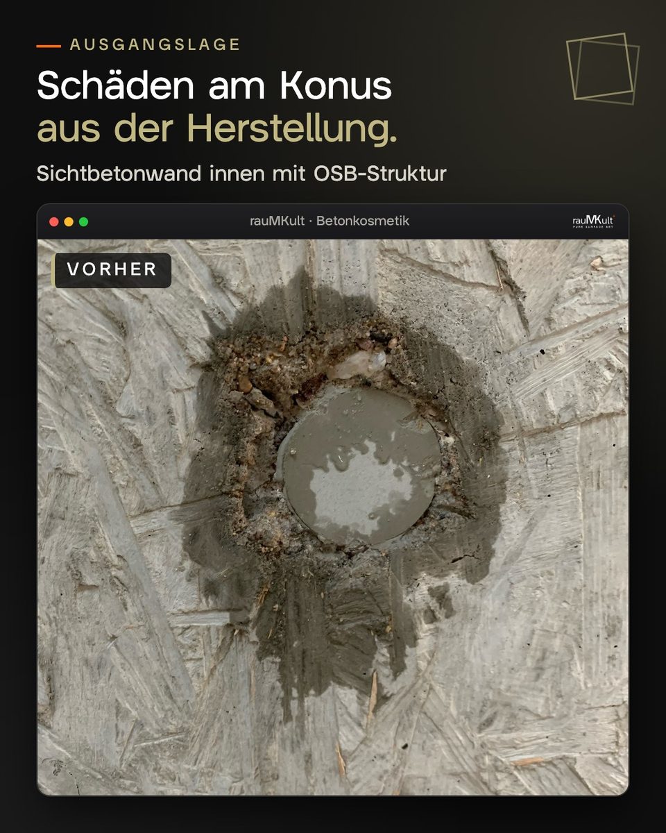 Beschädigter Bereich um einen Ankerkonus in einer Sichtbetonwand mit OSB-Struktur