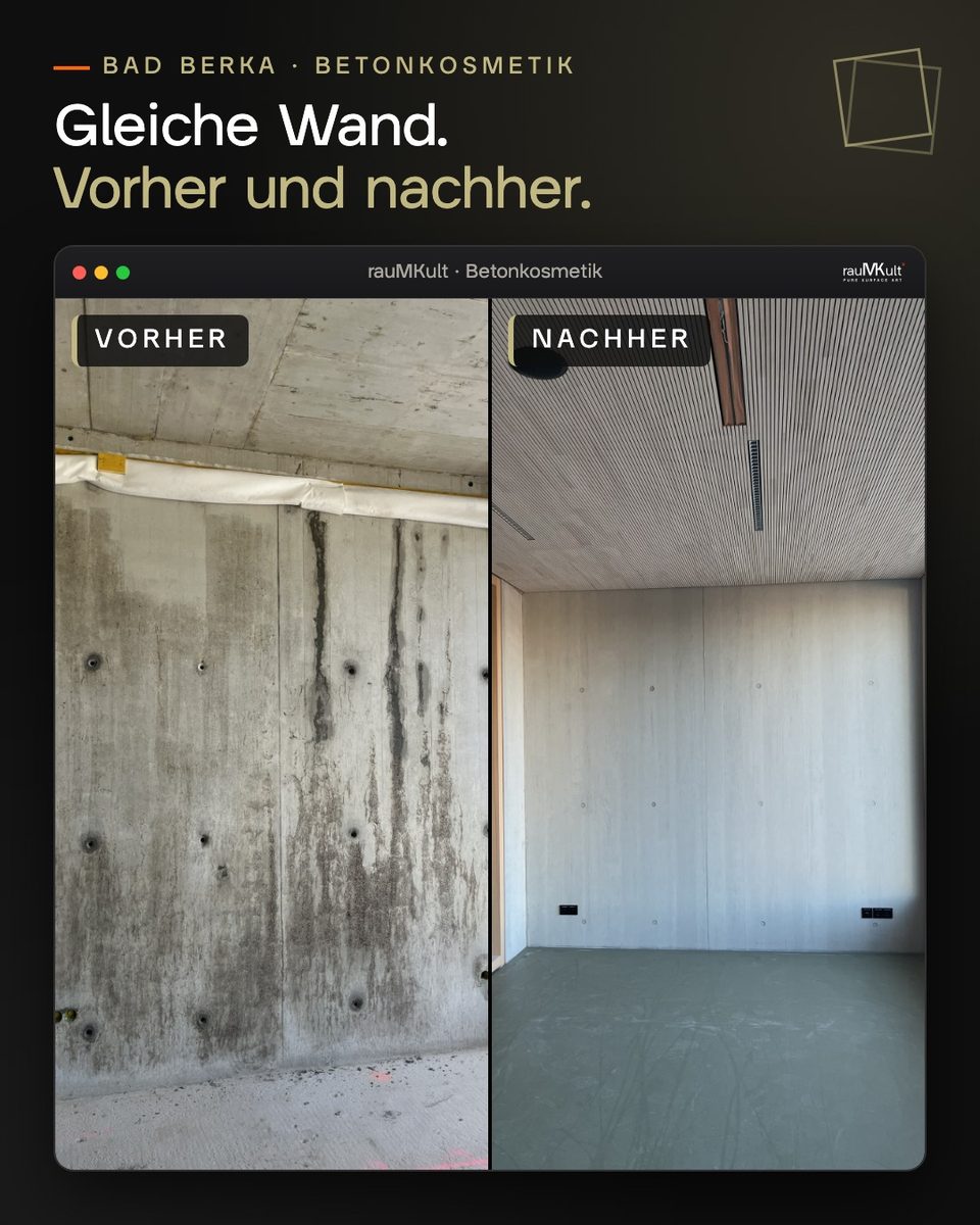 Sichtbetonwand mit Holzbrettschalung in Bad Berka, links vorher mit Kiesnestern, Fehlstellen und offenen Spannstellen, rechts dieselbe Wand nach der Reparatur