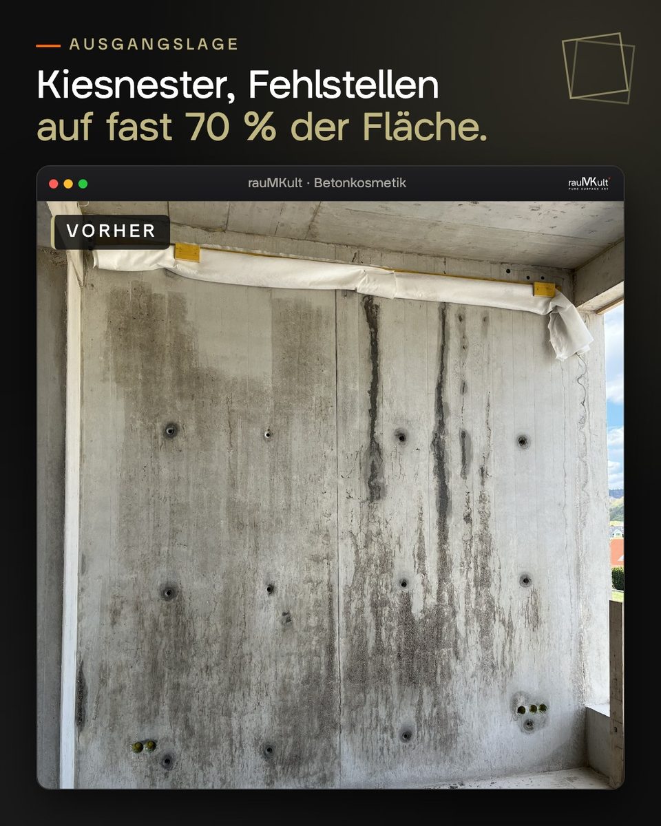 Sichtbetonwand vor der Betonkosmetik mit großflächigen Kiesnestern, dunklen Fehlstellen und offenen Spannstellen