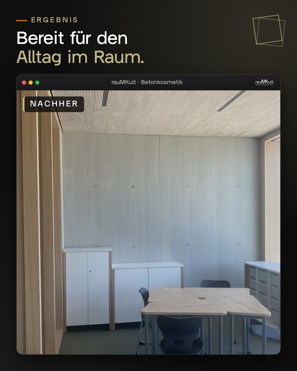 Eingerichteter Raum mit Tisch und Schränken vor der reparierten Sichtbetonwand