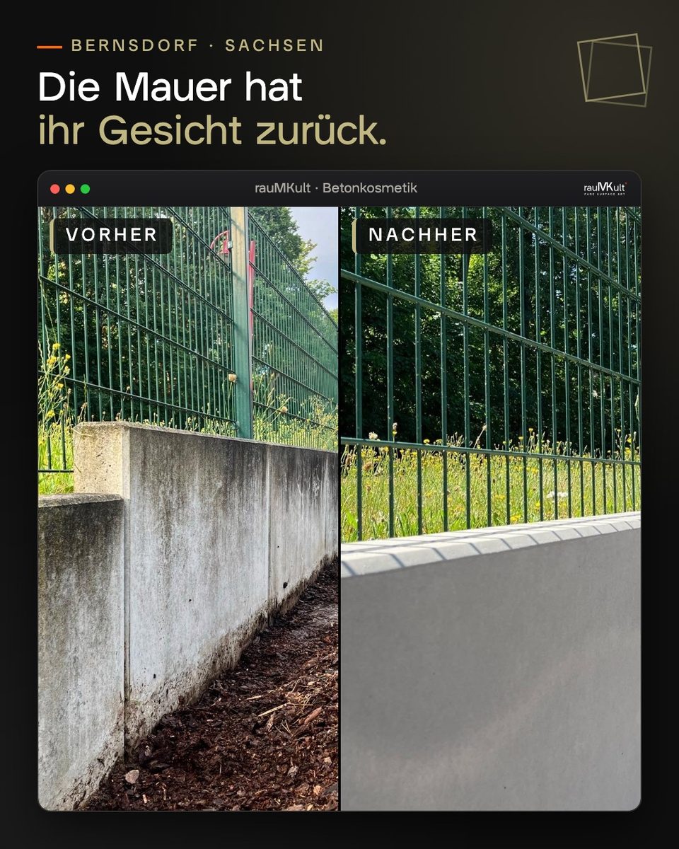 Betonmauer an einem Gitterzaun in Bernsdorf, links verwittert, rechts nach der Arbeit hell und gleichmäßig