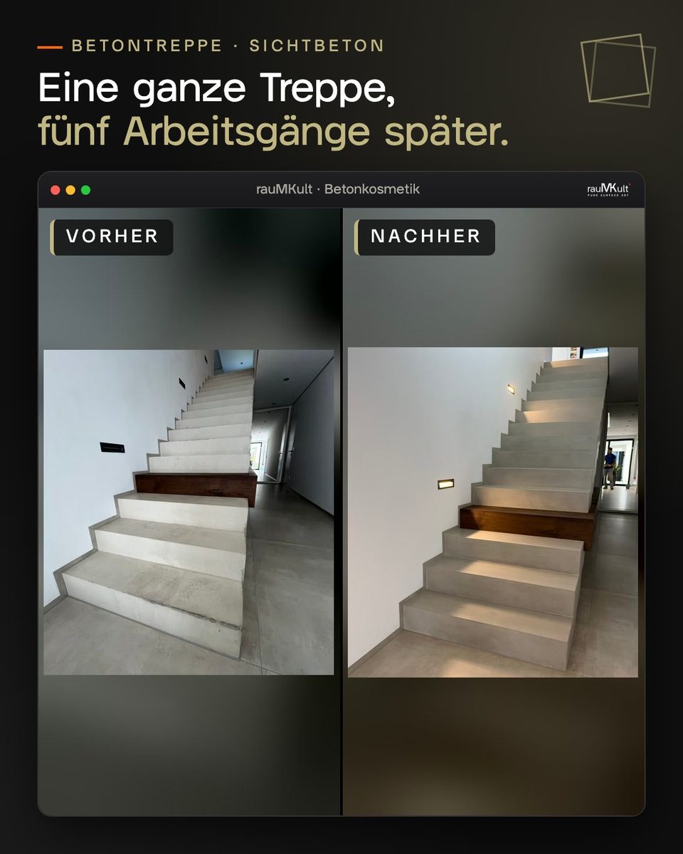 Die ganze Sichtbeton-Fertigteiltreppe vorher und nachher nebeneinander