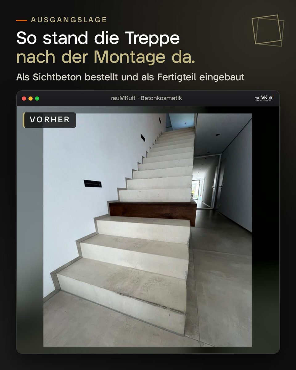 Die ganze Treppe vorher, hell mit Flecken und Fehlstellen
