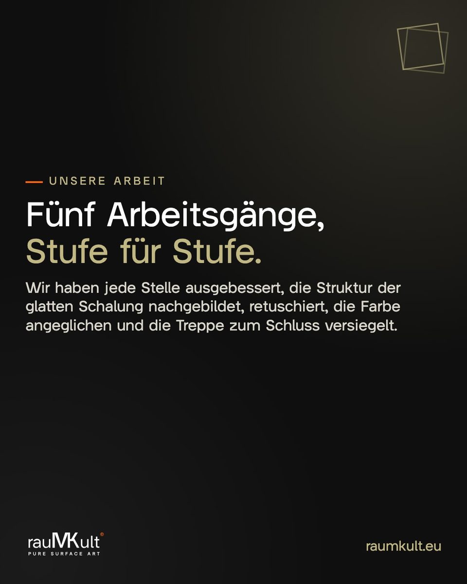 Textkarte mit den fünf Arbeitsgängen: ausbessern, Struktur nachbilden, retuschieren, Farbe angleichen, versiegeln