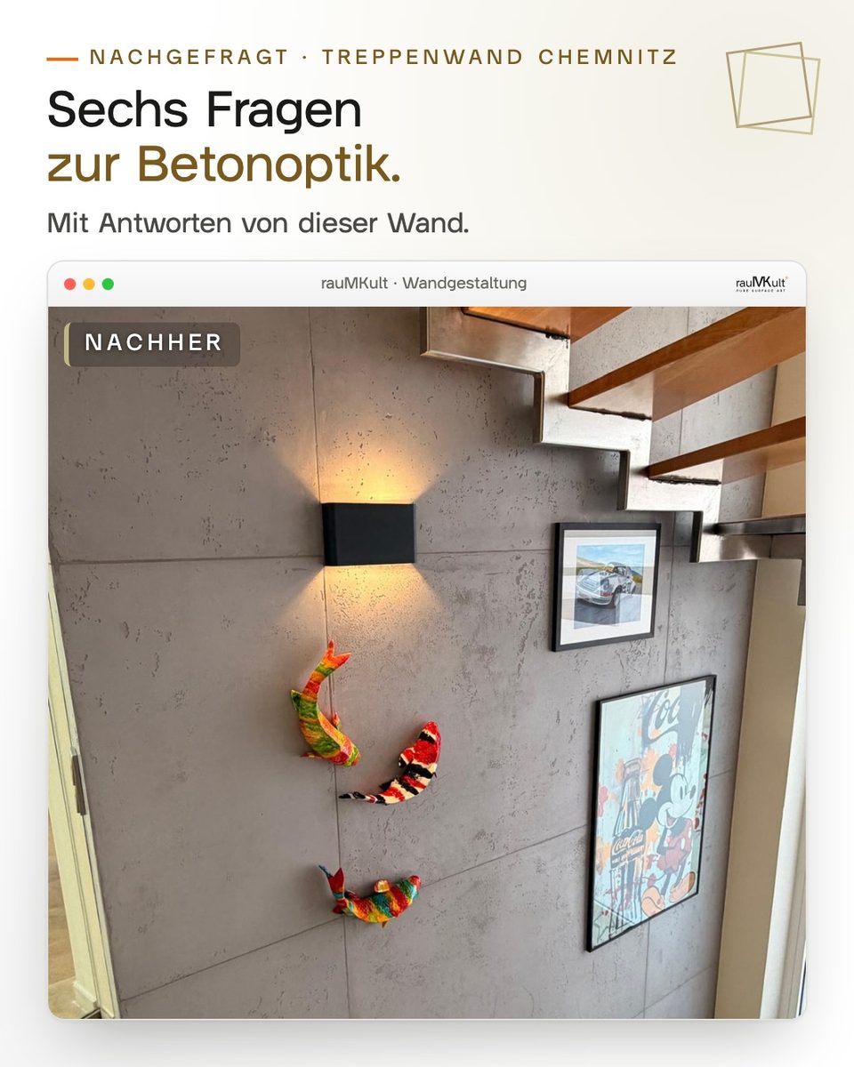 Titelkarte „Sechs Fragen zur Betonoptik.“ vor der Treppenwand mit Wandleuchte