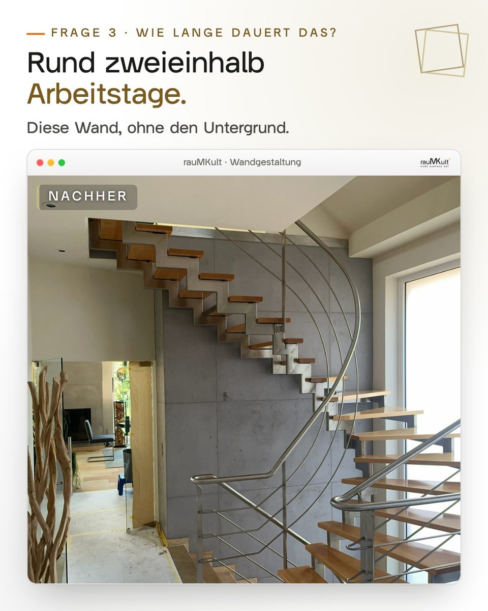 Frage nach der Dauer: Blick ins Treppenhaus mit der Wand in Betonoptik