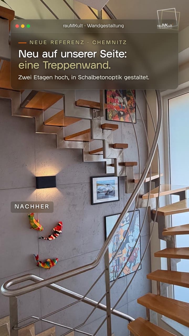 Hochkantvideo: eingeräumte Treppenwand in Schalbetonoptik mit Wandleuchte und Bildern, Nahaufnahmen von Poren und Lunkern an der Wandecke und Blick von oben auf die Holzstufen
