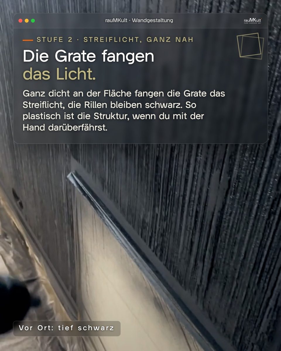 Stufe 2, Streiflicht ganz nah: die Grate fangen das Licht, die Rillen bleiben dunkel