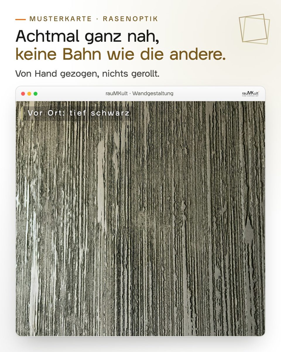 Titelfolie der Musterkarte: Nahaufnahme der gezogenen Kalkstruktur, Titel „Achtmal ganz nah, keine Bahn wie die andere.“