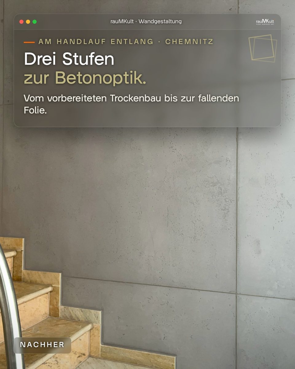 Titelbild: frontale Treppenwand in Schalbetonoptik mit Plattenraster, Text „Drei Stufen zur Betonoptik.“