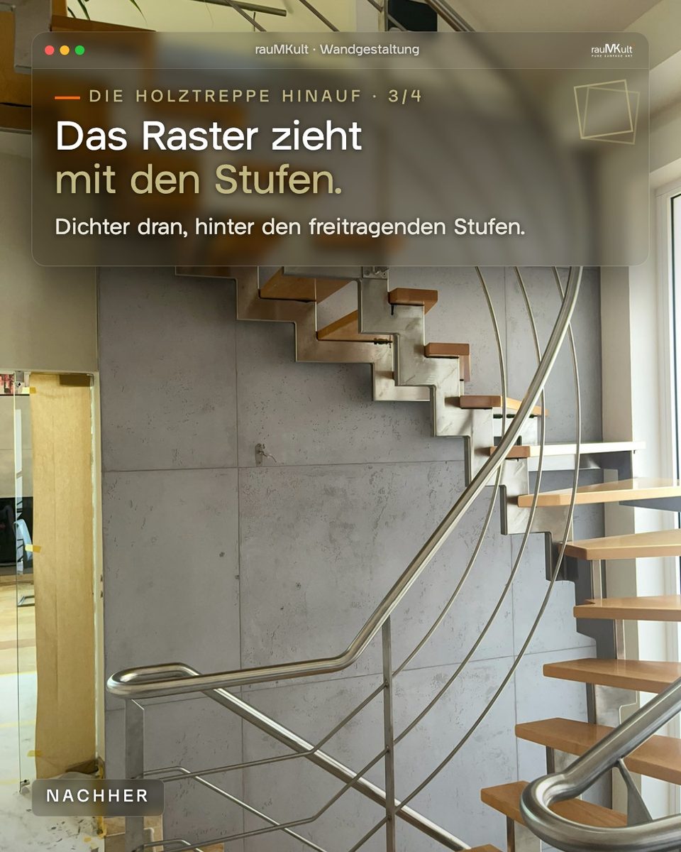 Plattenraster dicht hinter den freitragenden Holzstufen