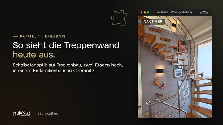 Querformat-Video in sechs Kapiteln: eingeräumte Treppenwand in Betonoptik, vorbereiteter Untergrund, Spachteln und Einschalen mit roter Kelle in den Nischen der Treppe, Abziehen der Schalbetonfolie und Rundgang an der Holztreppe