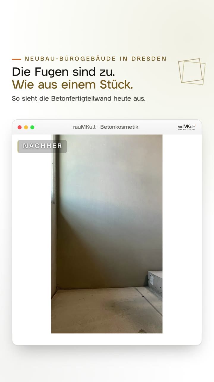 Hochkantvideo: geschlossene Betonfertigteilfugen im Treppenhaus, dann die fünf Handgriffe vom Freilegen über Absaugen, Grundieren und Füllen bis zum plan Schneiden des angesteiften Mörtels