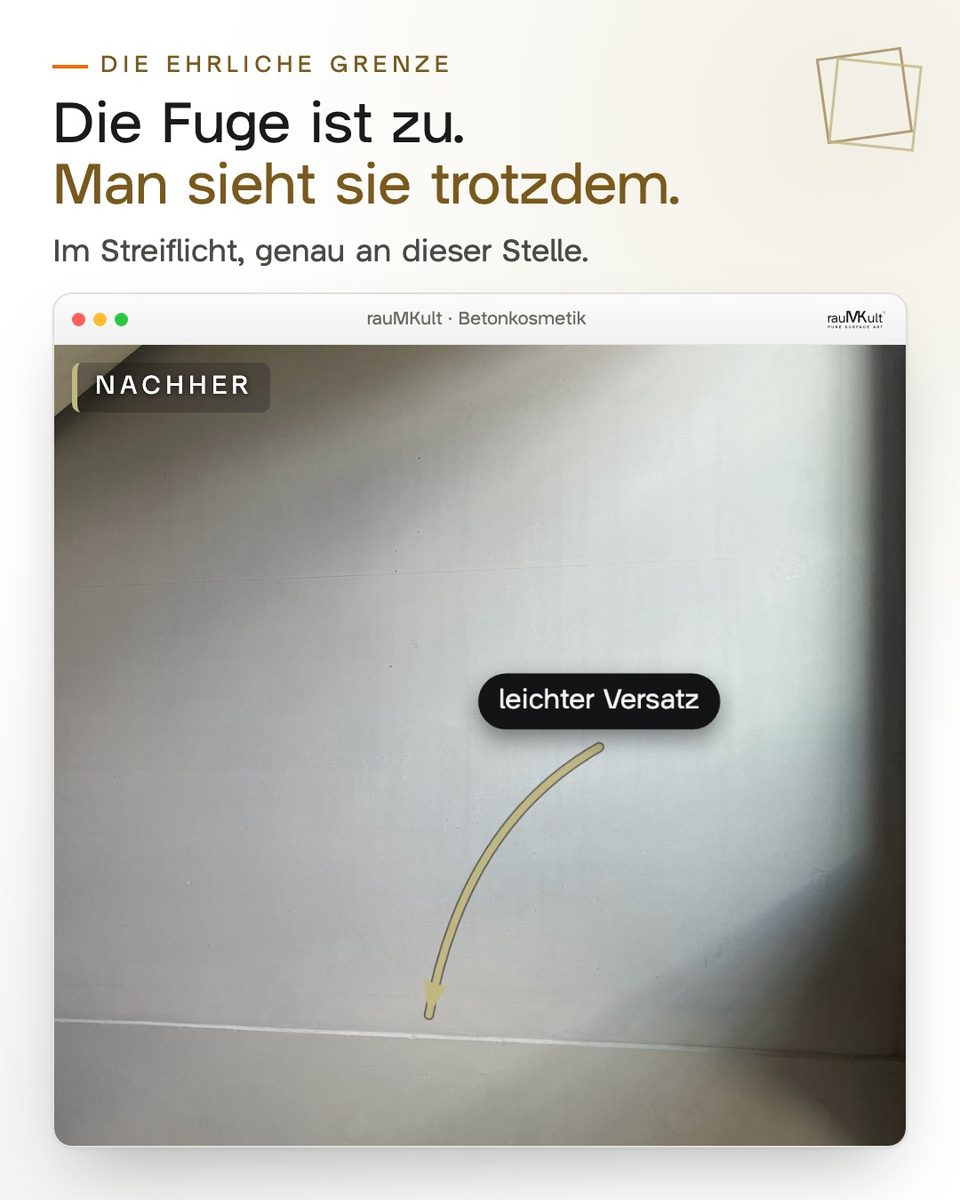 Geschlossene waagerechte Betonfertigteilfuge im Streiflicht, ein Pfeil markiert den leichten Versatz