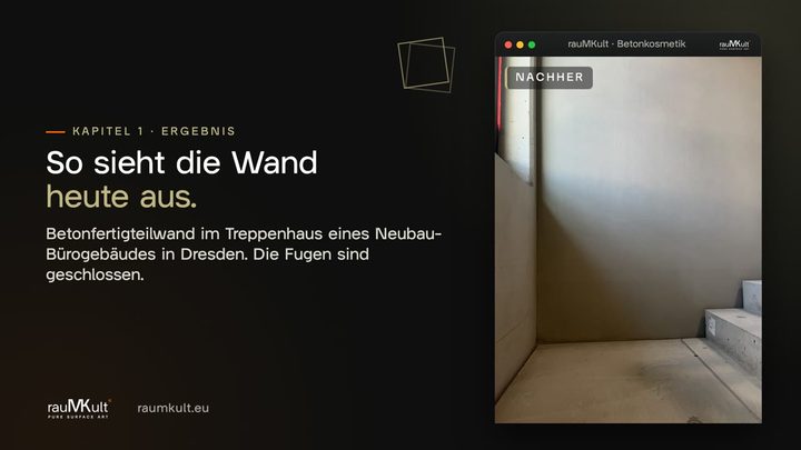 Querformat-Video in 14 Kapiteln: Betonfertigteilfugen im Treppenhaus vom Freilegen über Grundieren, Füllen und plan Schneiden bis zur HVLP-Retusche und zur Fuge im Streiflicht