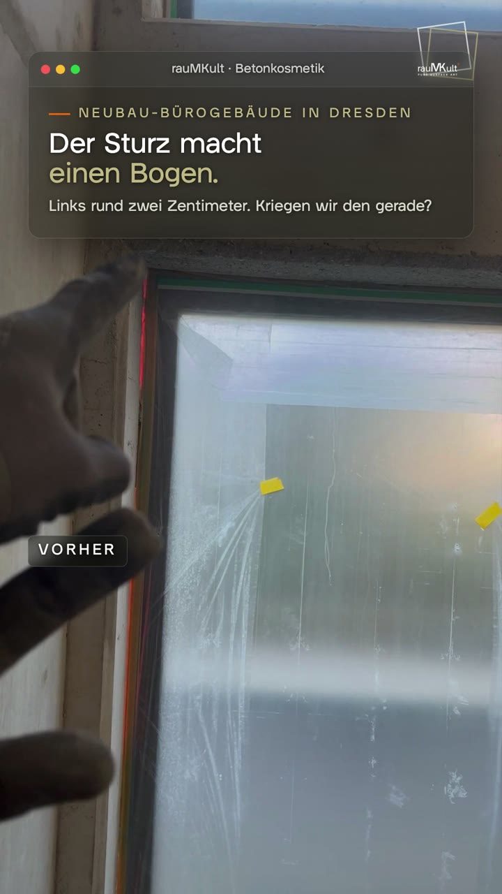 Hochkantvideo: Fenstersturz mit einem Bogen von links rund 2 cm, dann Abstocken, Grundieren, Holzbrettschalung, Sanierungsmörtel abziehen, Aushärten unter Folie und Ausschalen bis zur geraden Oberkante