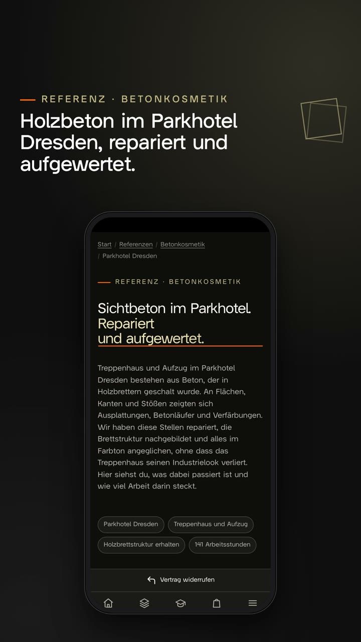 Hochkantvideo: Ein Handy zeigt die Referenzseite zum Holzbeton im Parkhotel Dresden, ein orangefarbener Punkt tippt auf Vorher-Nachher-Regler, Schritte und Karten, am Ende eine Schlusskarte mit dem Knopf „Zur Referenz“