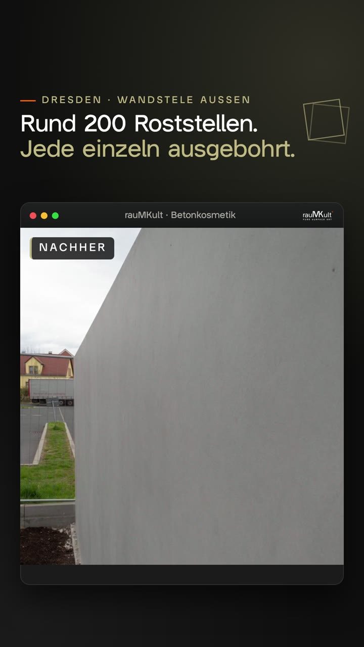 Sichtbeton-Wandstele in Dresden nach dem Schließen der Pyritstellen, seitlich aufgenommen