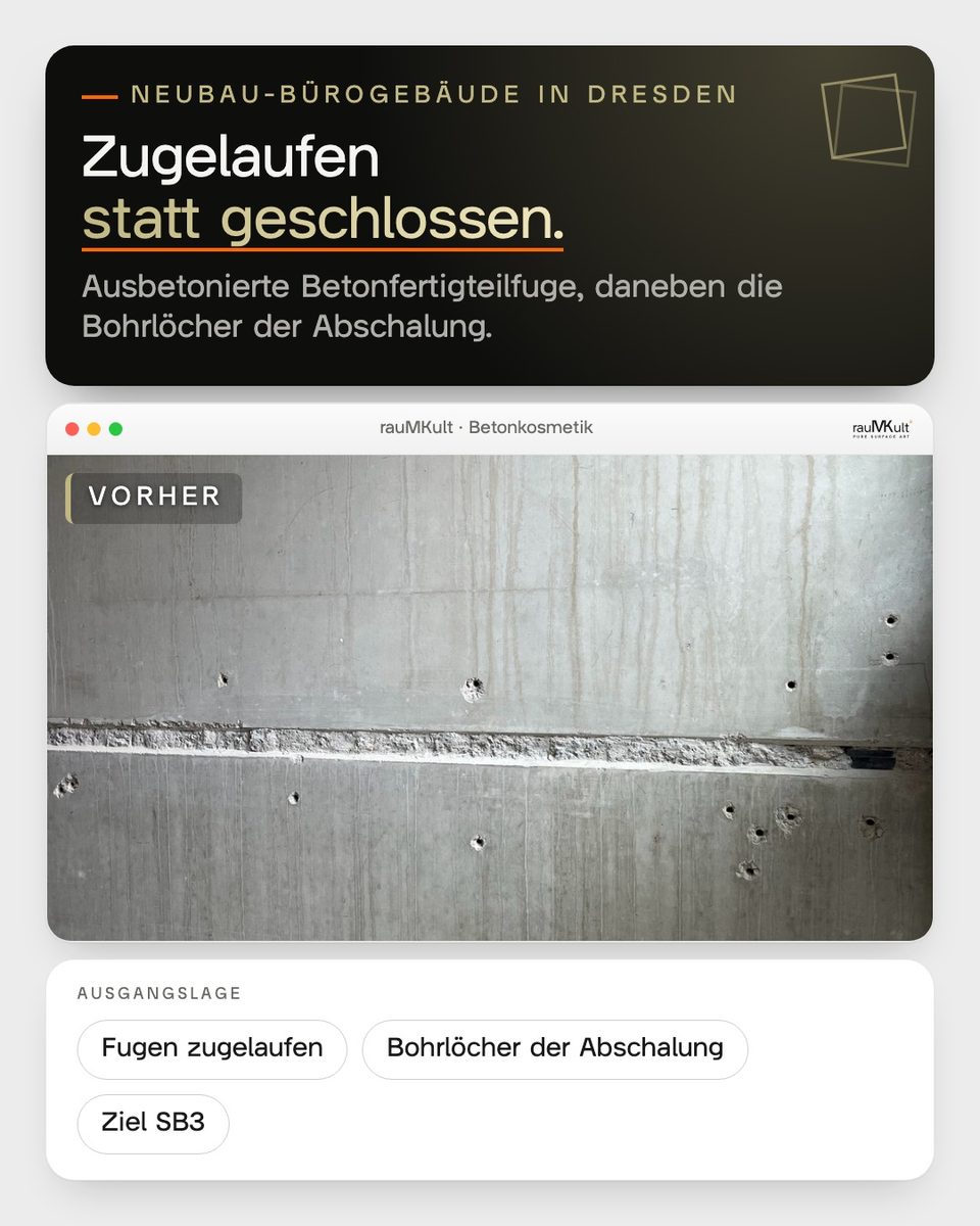 Ausbetonierte Fuge zwischen zwei Betonfertigteilen im Treppenhaus, daneben die Bohrlöcher der Abschalung, vor der Betonkosmetik