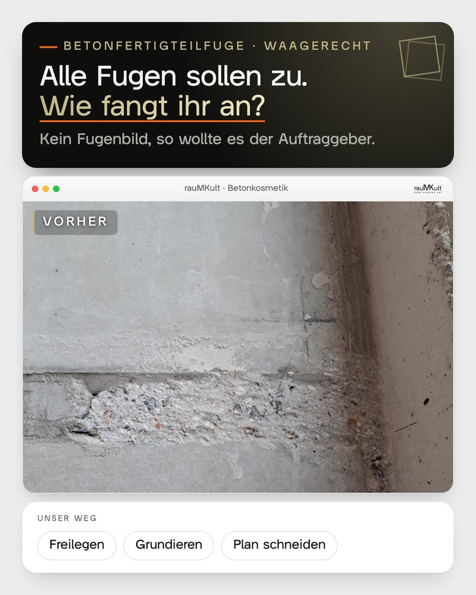 Zugelaufene waagerechte Betonfertigteilfuge im Treppenhaus vorher, dazu die Frage, wie man anfängt, wenn alle Fugen zu sollen