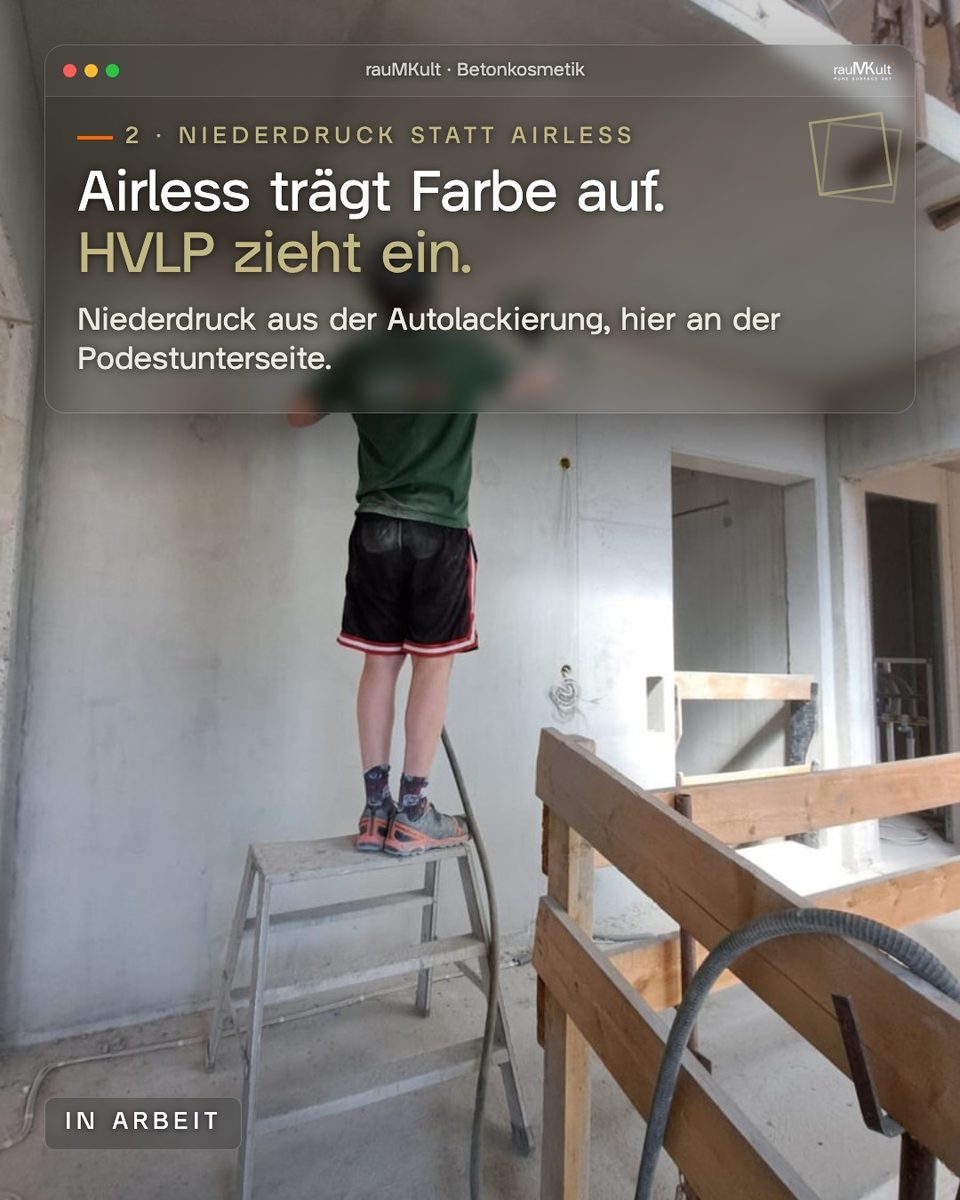 HVLP-Niederdruck-Spritzgang an der Unterseite eines Podests im Treppenhaus