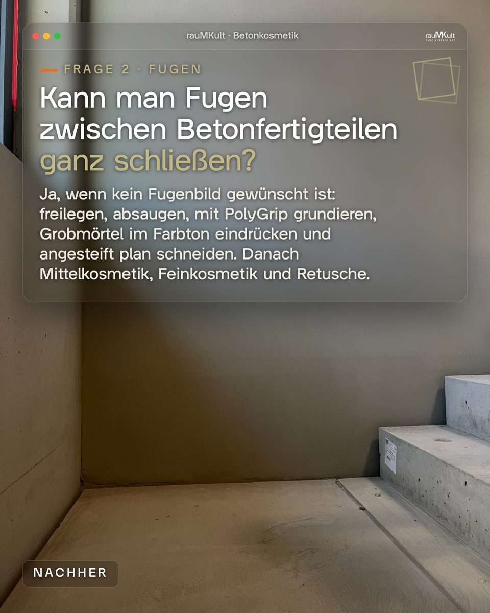 Betonfertigteilwand mit geschlossenen Fugen zur Frage, ob man Fugen zwischen Betonfertigteilen ganz schließen kann