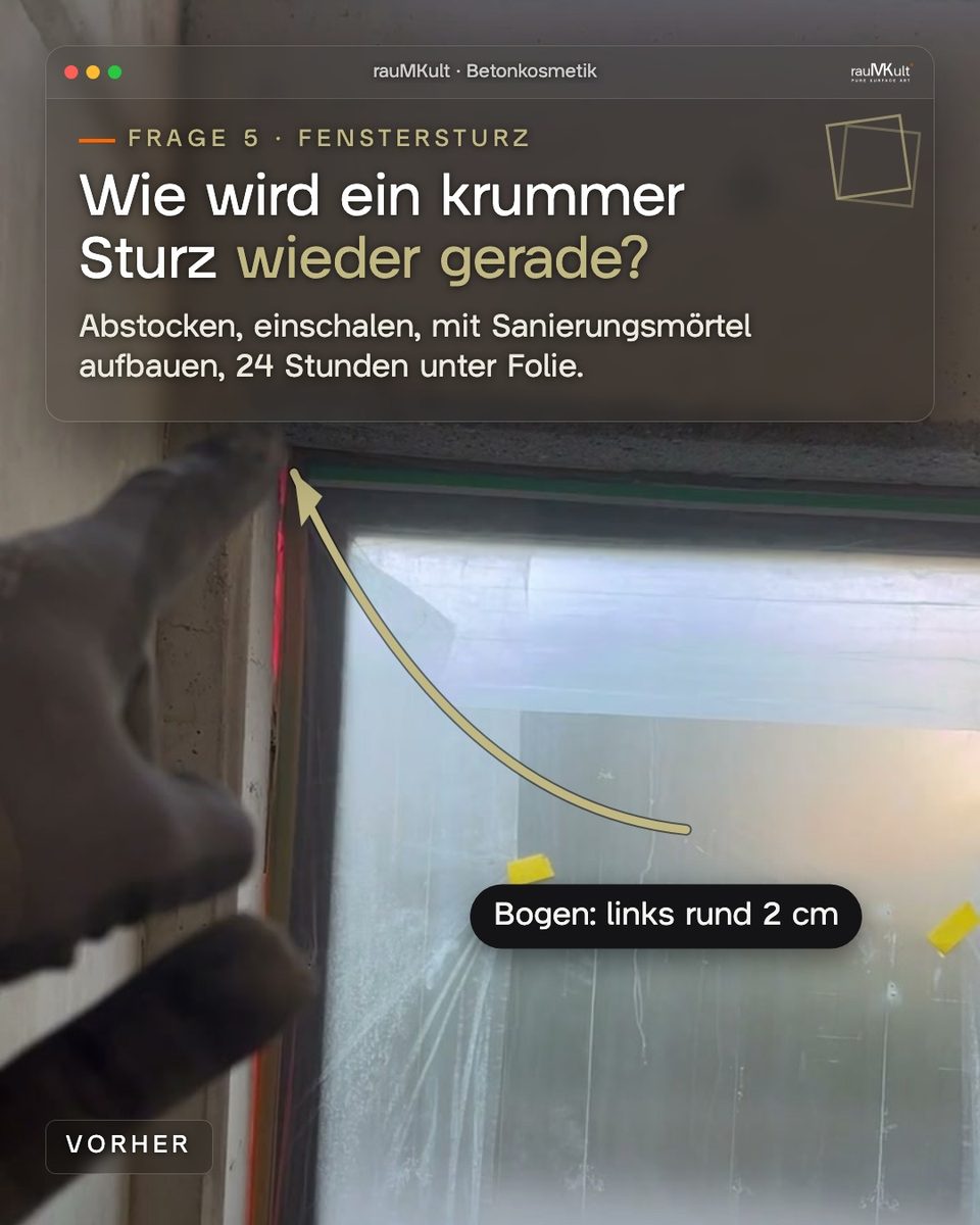 Krummer Fenstersturz vorher, ein Pfeil zeigt den Bogen von links rund 2 cm