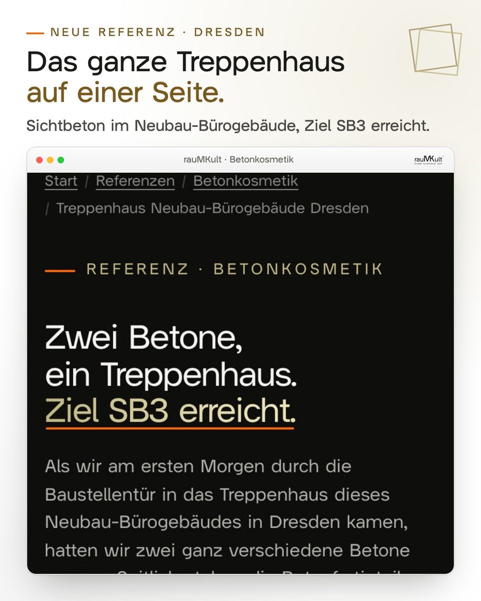 Seitenkopf der Referenz am Handy: „Zwei Betone, ein Treppenhaus. Ziel SB3 erreicht.“