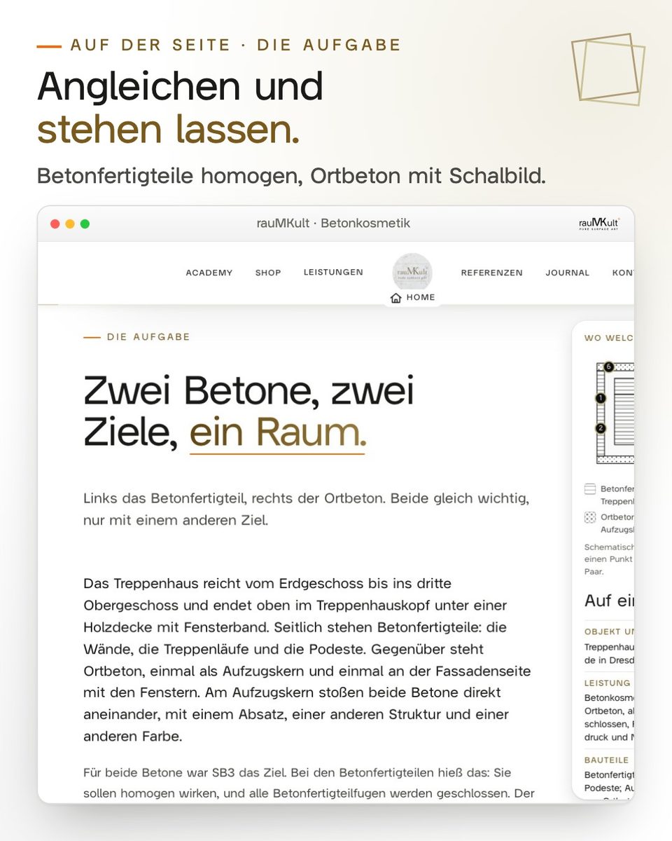 Abschnitt zur Aufgabe auf der Referenzseite am Computer, mit den zwei Zielen für Betonfertigteil und Ortbeton