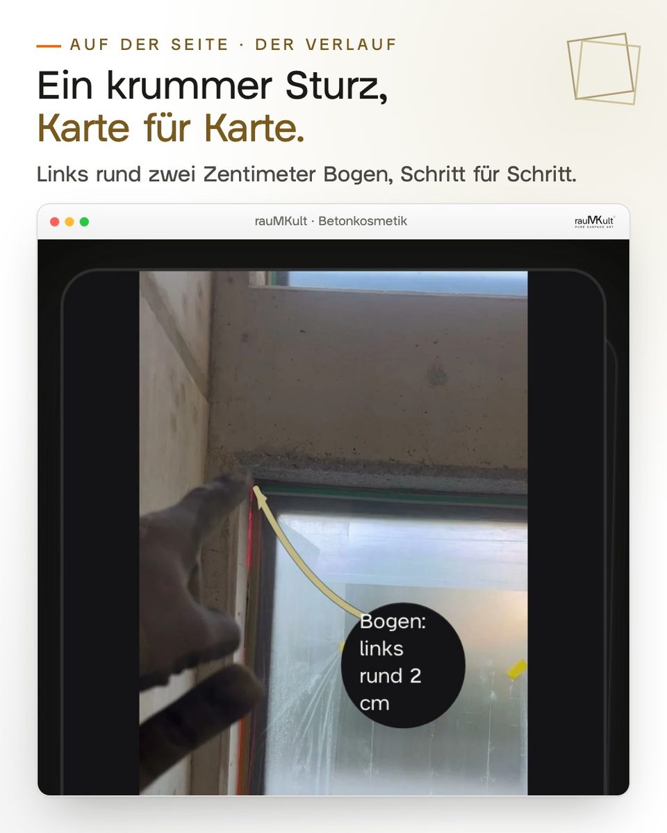 Der krumme Fenstersturz auf der Referenzseite am Handy, ein Pfeil zeigt den Bogen von links rund 2 cm