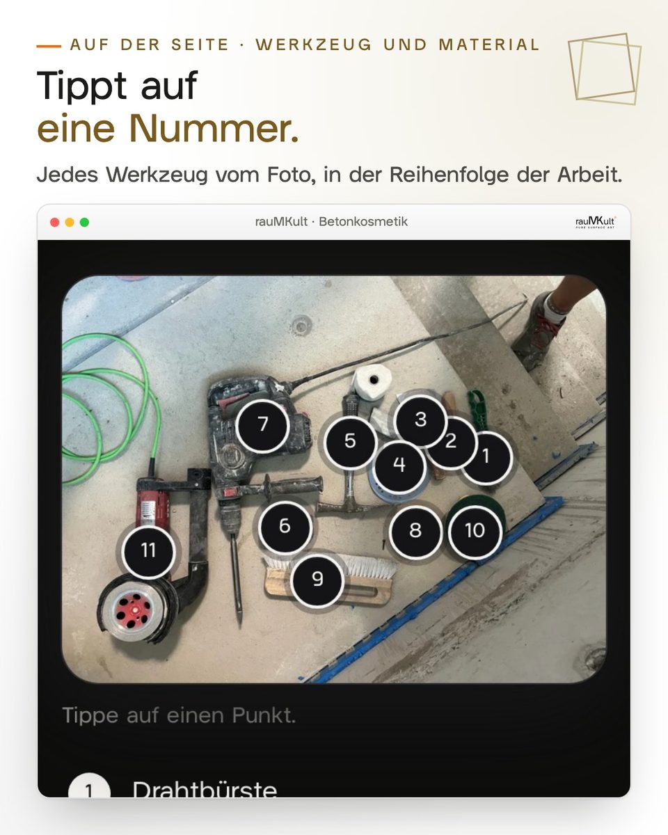 Werkzeugfoto der Referenzseite am Handy mit nummerierten Werkzeugen zum Antippen