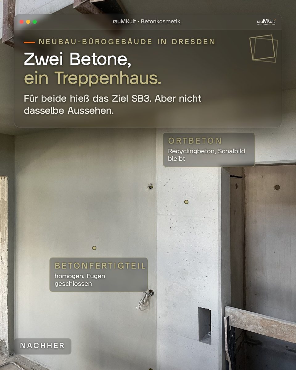 Treppenhaus mit zwei Wandflächen: Betonfertigteil homogen mit geschlossenen Fugen, daneben Ortbeton aus Recyclingbeton mit Schalbild