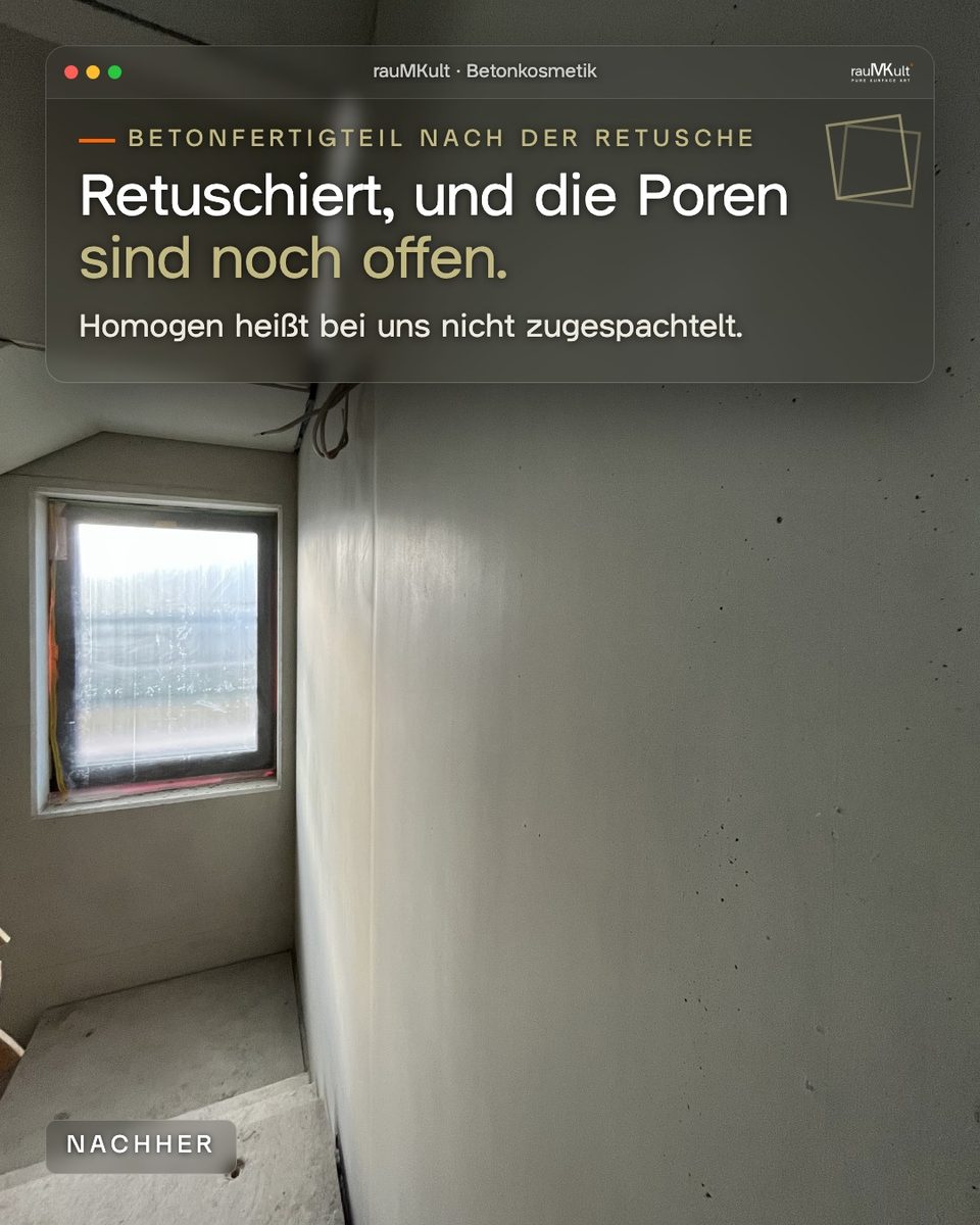Retuschierte Betonfertigteilwand mit offenen Poren