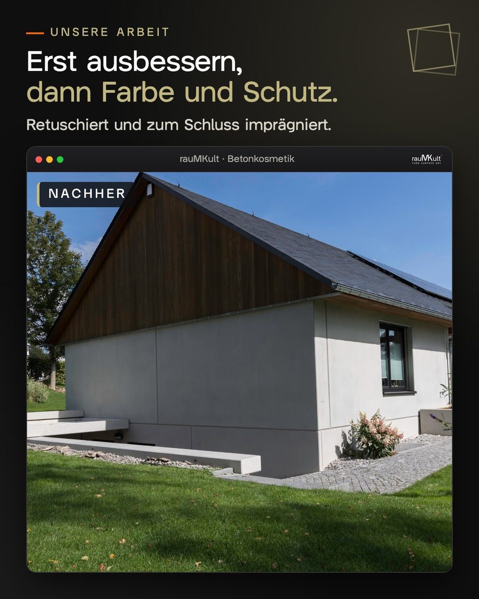 Hausseite mit Sichtbetonfassade im Sommer nach Retusche und Imprägnierung