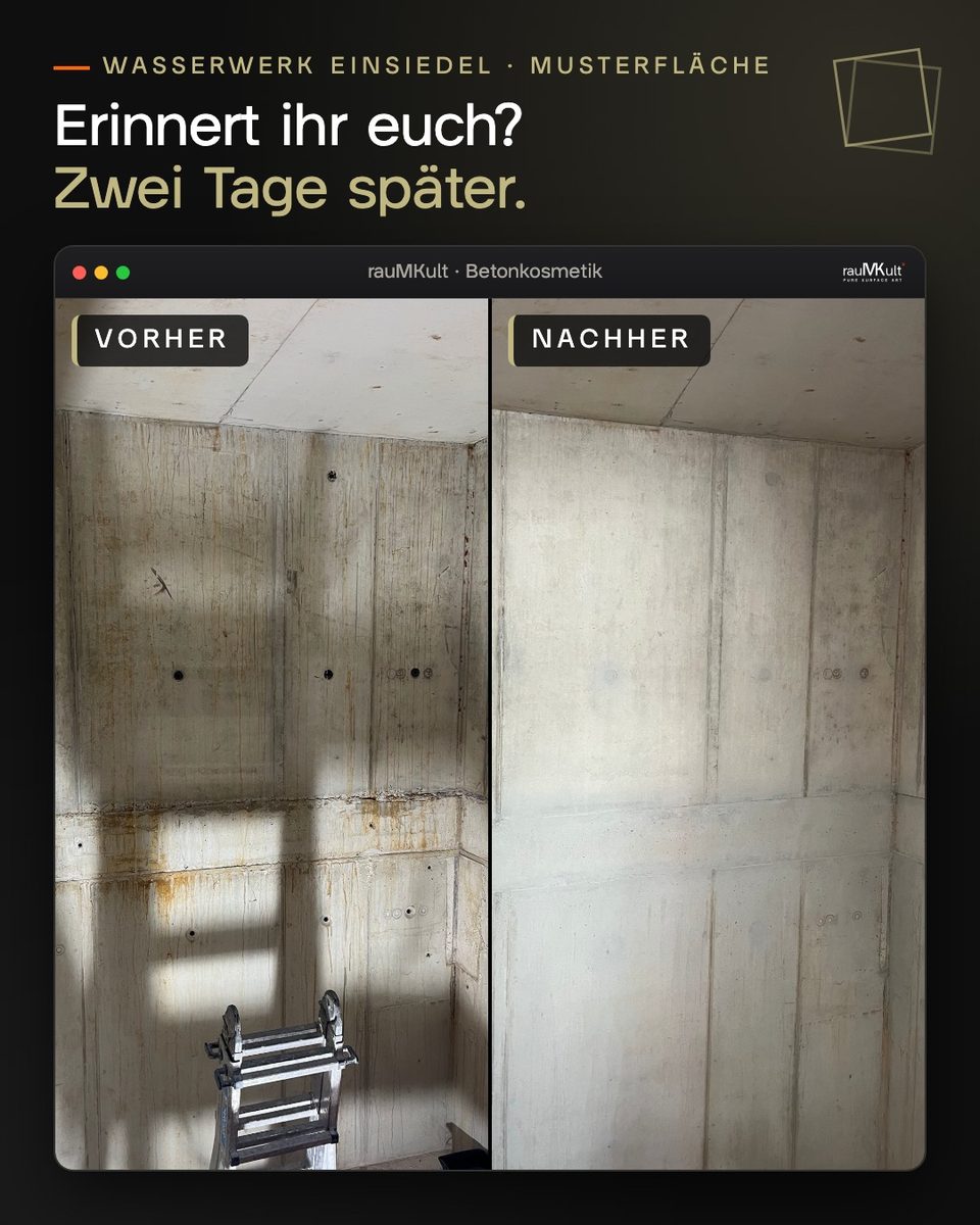 Dieselbe Treppenhauswand im Wasserwerk Einsiedel vorher mit Ankerkonen und Rostläufern und nachher geschlossen, nebeneinander