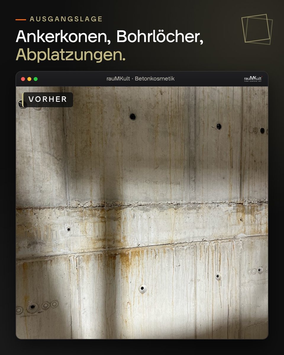 Nahaufnahme der Wand vorher mit offenen Ankerkonen, Bohrlöchern, Abplatzungen und Rostläufern am Schalungsübergang