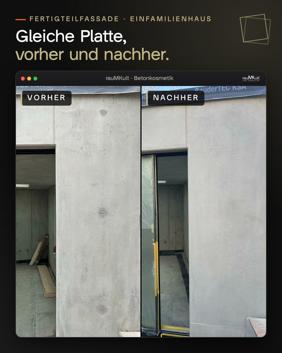 Dieselbe Platte einer Betonfertigteilfassade vorher mit offenen Ankerkonen und nachher geschlossen, nebeneinander