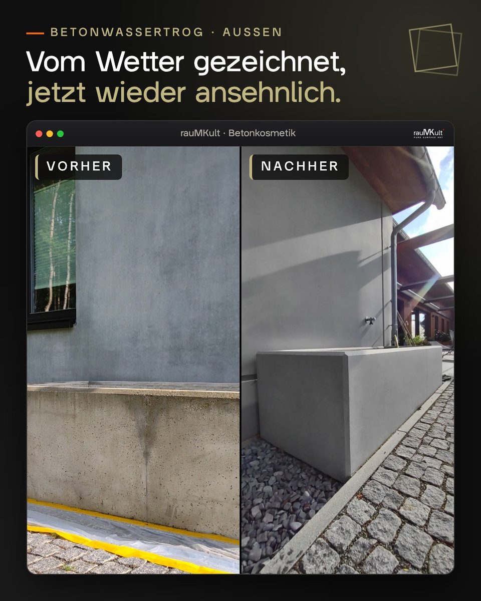 Betonwassertrog an einer Hauswand, links vorher verwittert, rechts nachher gleichmäßig hellgrau