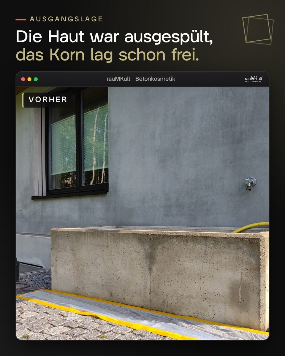 Betonwassertrog vorher mit ausgespülter Oberfläche und dunklen Laufspuren