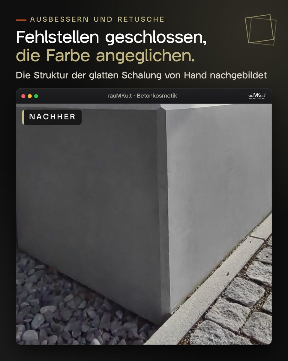 Nahaufnahme einer Ecke des Trogs nach dem Ausbessern und der Betonretusche