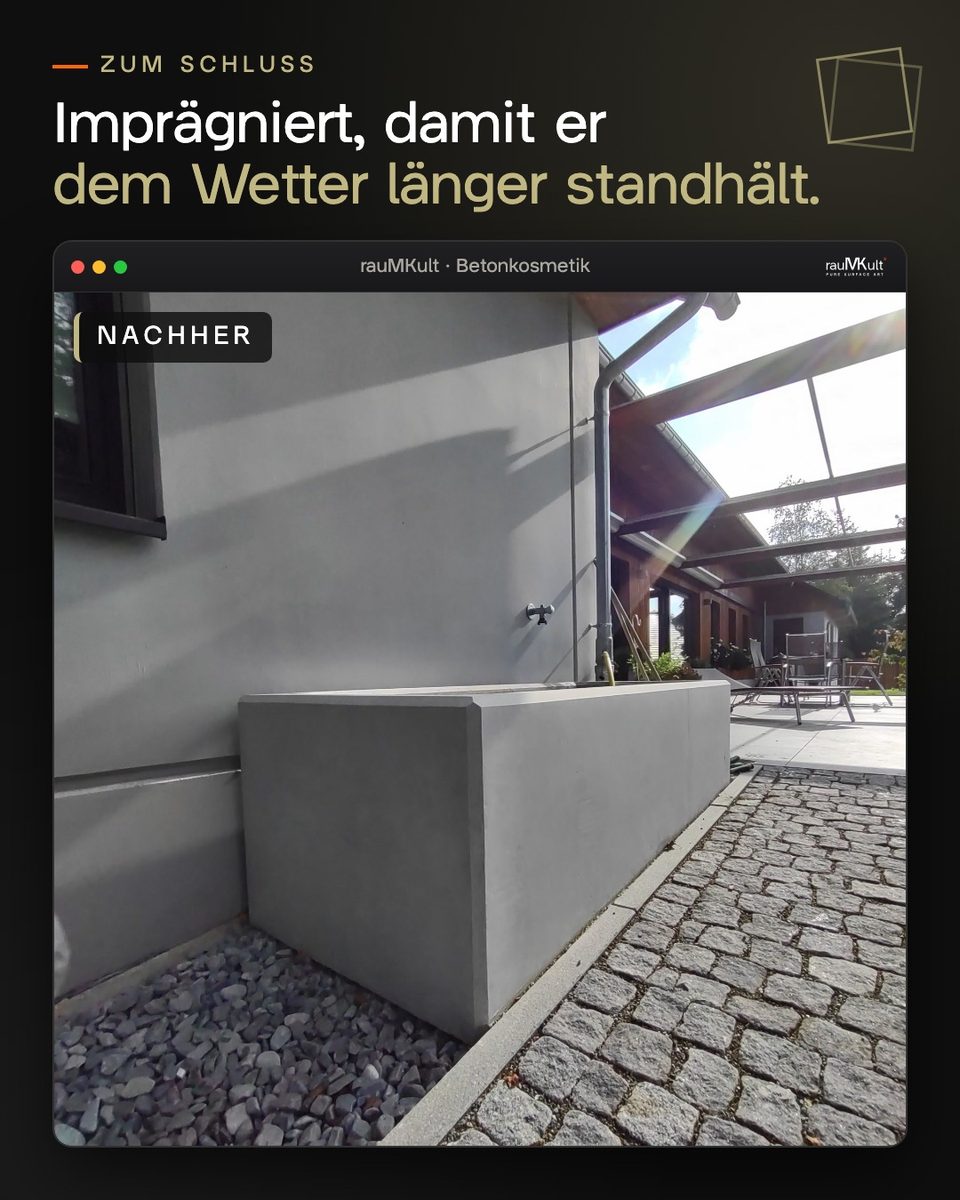 Der Betonwassertrog nach der Arbeit an der Hauswand, ausgebessert und imprägniert