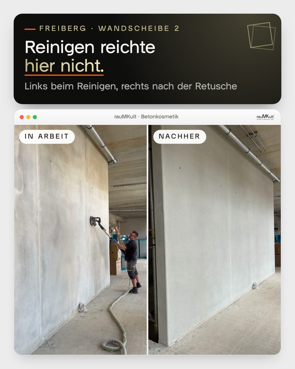 Wandscheibe 2 in Freiberg links beim Reinigen mit dem Langhalsschleifer, rechts nach der Retusche