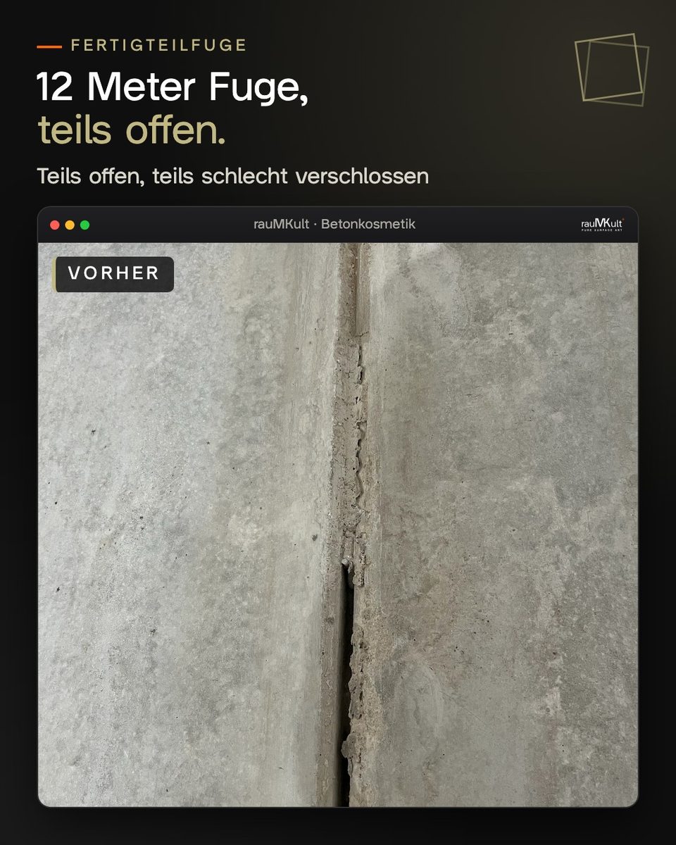 Teils offene Fuge zwischen zwei Betonfertigteilen in der Nahaufnahme