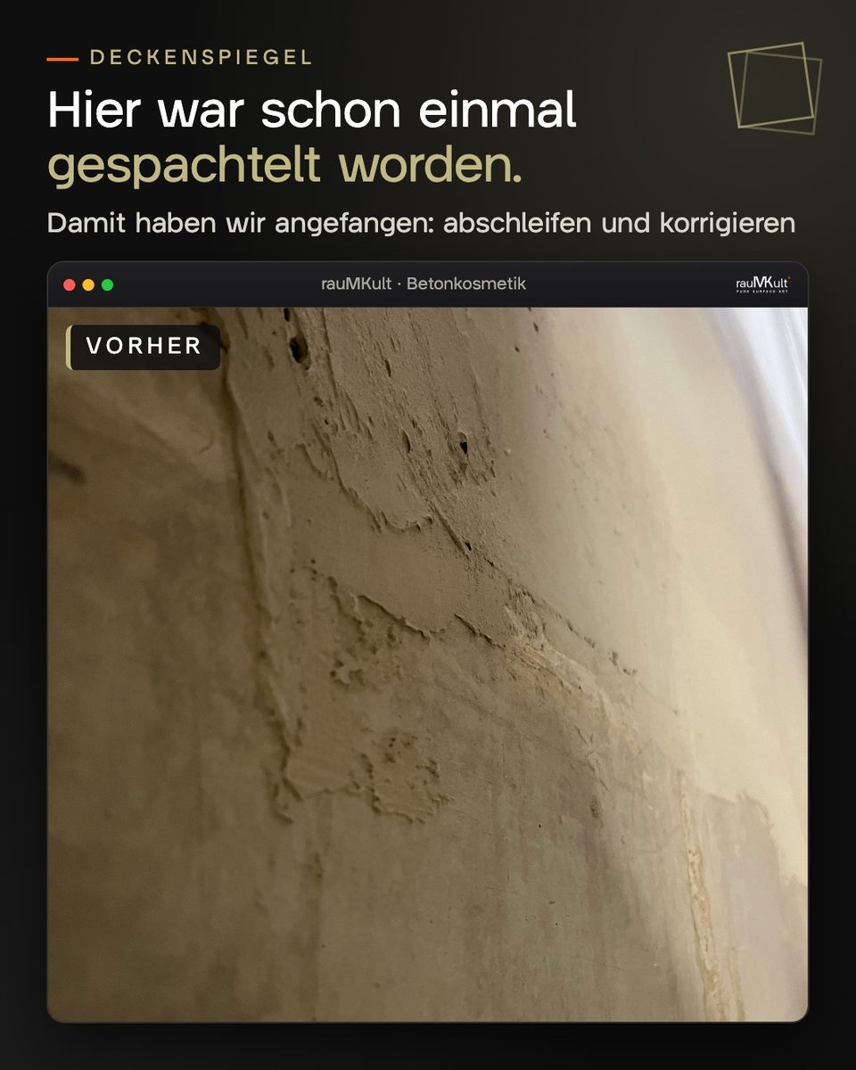 Der früher gespachtelte Deckenspiegel zwischen den Geschossen mit aufgezogenem Mörtel